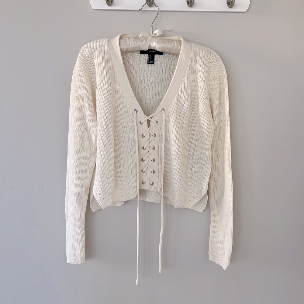 Forever 21 Lace Up Sweater Ivory White Size S